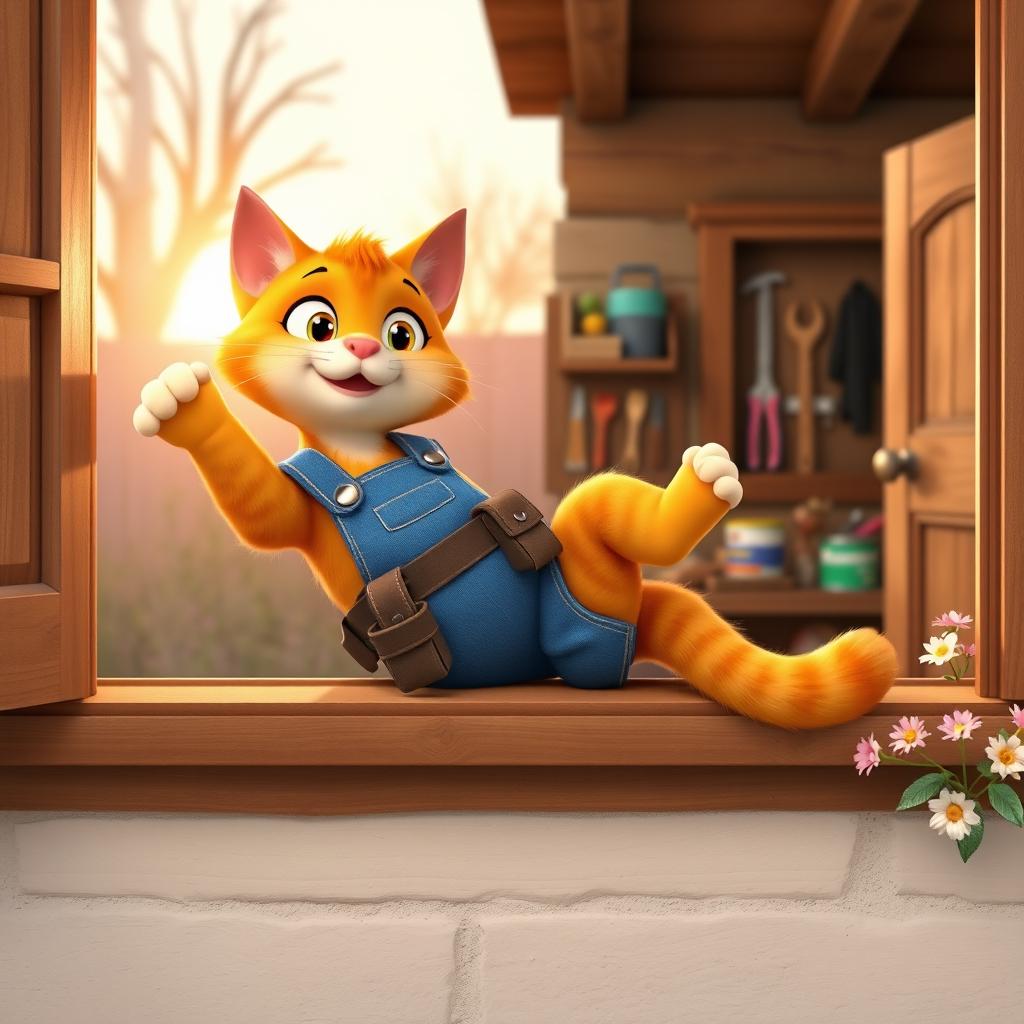 A 3D cartoon cat wearing blue overalls and a tool belt, stretching lazily on a wooden windowsill at sunrise