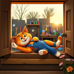 A 3D cartoon cat wearing blue overalls and a tool belt, stretching lazily on a wooden windowsill at sunrise