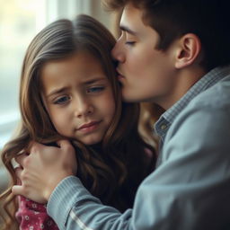 A poignant scene depicting a young man gently kissing a girl with wavy brown hair, who is crying