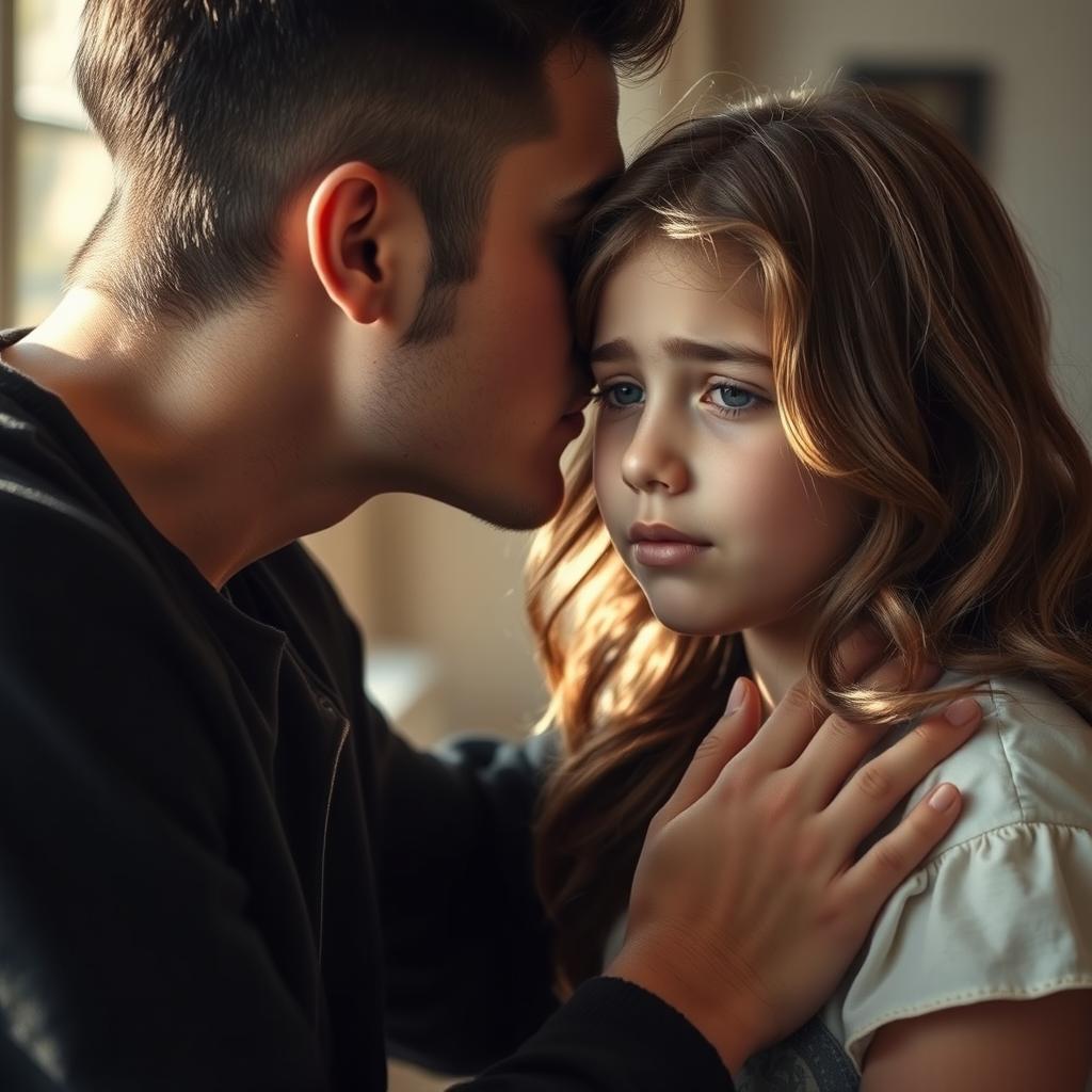 A poignant scene depicting a young man gently kissing a girl with wavy brown hair, who is crying