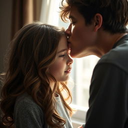 A poignant scene depicting a young man gently kissing a girl with wavy brown hair, who is crying