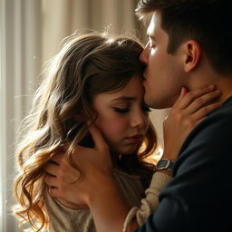 A poignant scene depicting a young man gently kissing a girl with wavy brown hair, who is crying