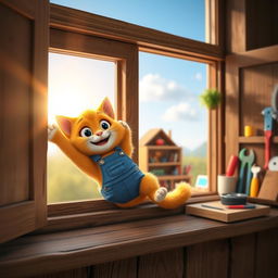 A 3D cartoon cat wearing blue overalls and a tool belt, stretching on a rustic wooden windowsill as the sun rises