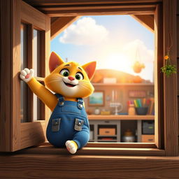 A 3D cartoon cat wearing blue overalls and a tool belt, stretching on a rustic wooden windowsill as the sun rises