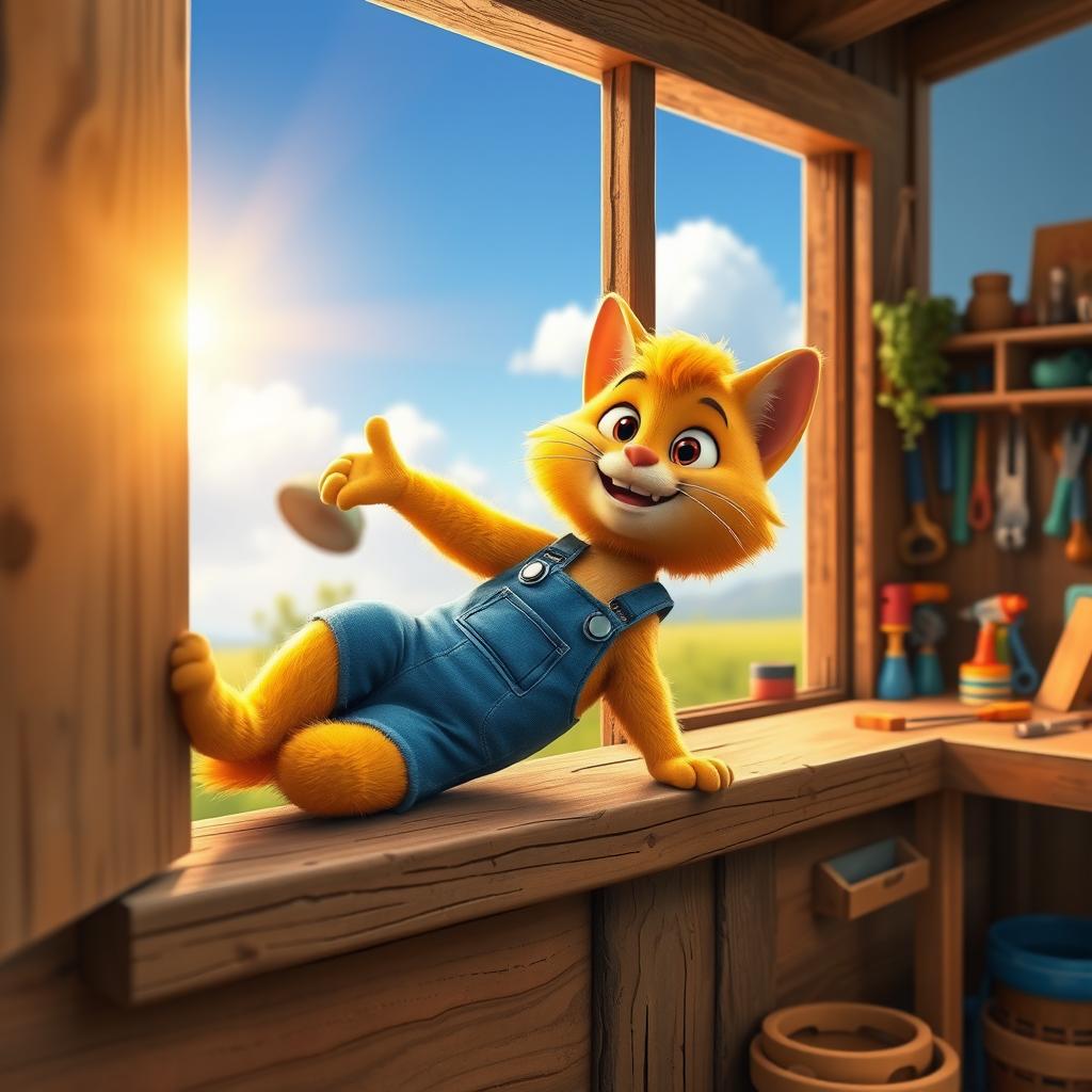 A 3D cartoon cat wearing blue overalls and a tool belt, stretching on a rustic wooden windowsill as the sun rises