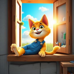 A 3D cartoon cat wearing blue overalls and a tool belt, stretching on a rustic wooden windowsill as the sun rises
