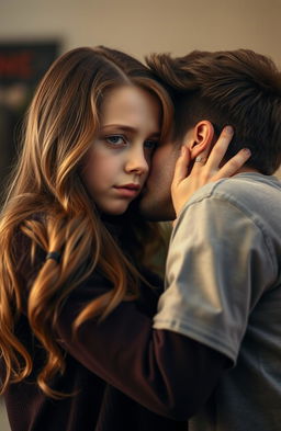A heartfelt scene where a young man gently kisses a girl who has wavy brown hair cascading down her shoulders, showing a mix of emotions