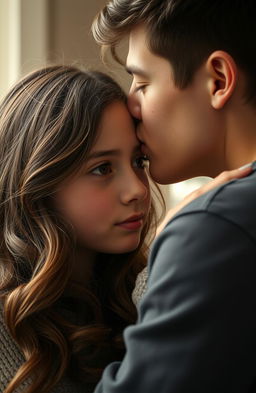 A heartfelt scene where a young man gently kisses a girl who has wavy brown hair cascading down her shoulders, showing a mix of emotions