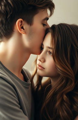 A heartfelt scene where a young man gently kisses a girl who has wavy brown hair cascading down her shoulders, showing a mix of emotions