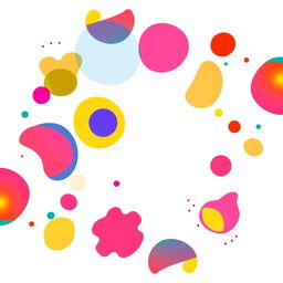 A vibrant abstract design with colorful shapes and patterns set against a clean white background