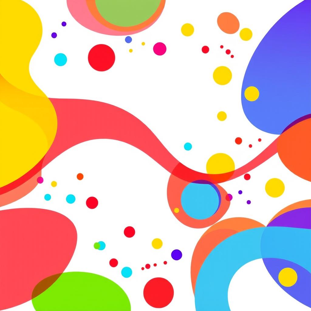 A vibrant abstract design with colorful shapes and patterns set against a clean white background
