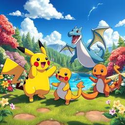 A vibrant and colorful scene featuring various iconic Pokémon in an adventurous landscape