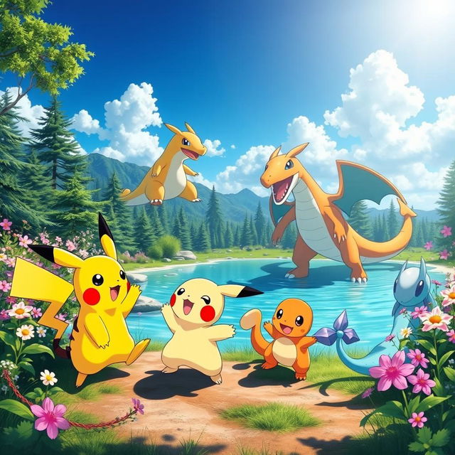 A vibrant and colorful scene featuring various iconic Pokémon in an adventurous landscape
