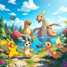 A vibrant and colorful scene featuring various iconic Pokémon in an adventurous landscape