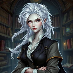 In the style of DnD character art, a striking female figure named Maeve with sleek silver skin and ethereal, floating white hair