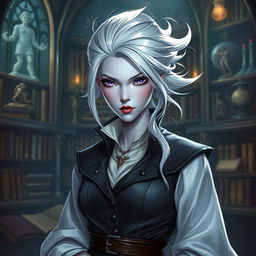 In the style of DnD character art, a striking female figure named Maeve with sleek silver skin and ethereal, floating white hair