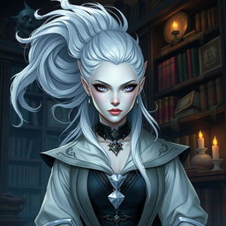 In the style of DnD character art, a striking female figure named Maeve with sleek silver skin and ethereal, floating white hair