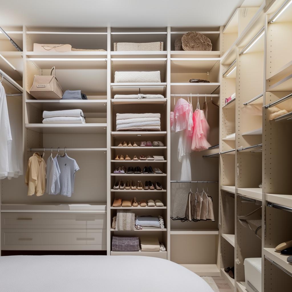 A modern, meticulously designed bedroom featuring a sizeable walk-in closet with organized spaces for clothing and accessories.