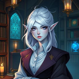 In the style of DnD character art, a striking female figure named Maeve with light blue skin, elegant elven ears, and ethereal white hair that appears to float faintly