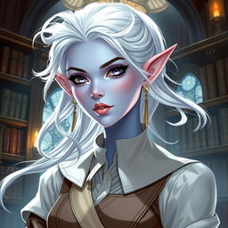 In the style of DnD character art, a striking female figure named Maeve with light blue skin, elegant elven ears, and ethereal white hair that appears to float faintly