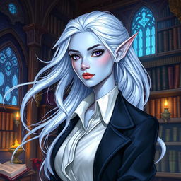 In the style of DnD character art, a striking female figure named Maeve with light blue skin, elegantly pointed elven ears, and flowing white hair that appears to float softly around her