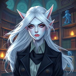 In the style of DnD character art, a striking female figure named Maeve with light blue skin, elegantly pointed elven ears, and flowing white hair that appears to float softly around her