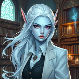 In the style of DnD character art, a striking female figure named Maeve with light blue skin, elegantly pointed elven ears, and flowing white hair that appears to float softly around her