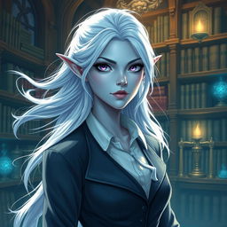 In the style of DnD character art, a striking female figure named Maeve with light blue skin, elegantly pointed elven ears, and flowing white hair that appears to float softly around her