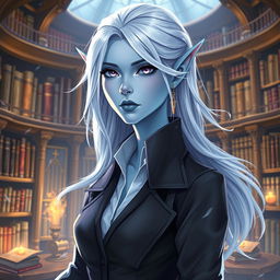 In the style of DnD character art, a striking female figure named Maeve with light blue skin, elegant elven ears, and white hair that appears to float faintly around her