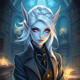 In the style of DnD character art, a striking female figure named Maeve with light blue skin, elegant elven ears, and white hair that appears to float faintly around her