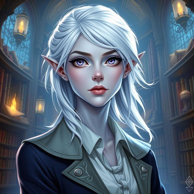 In the style of DnD character art, a striking female figure named Maeve with light blue skin, elegant elven ears, and white hair that appears to float faintly around her