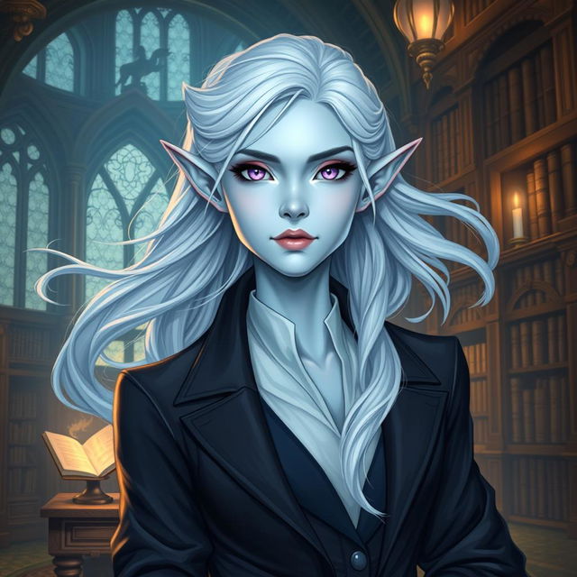 In the style of DnD character art, Maeve is a striking female figure with smooth light blue skin, gracefully pointed elven ears, and flowing white hair that appears to float gently around her head