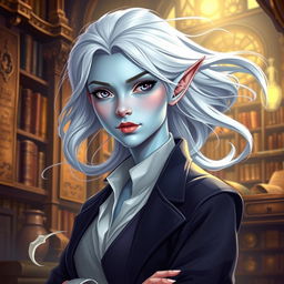 In the style of DnD character art, Maeve is a striking female figure with smooth light blue skin, gracefully pointed elven ears, and flowing white hair that appears to float gently around her head