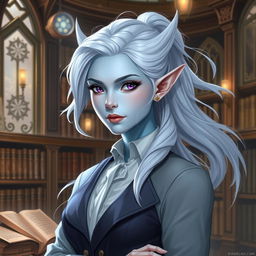 In the style of DnD character art, Maeve is a striking female figure with smooth light blue skin, gracefully pointed elven ears, and flowing white hair that appears to float gently around her head