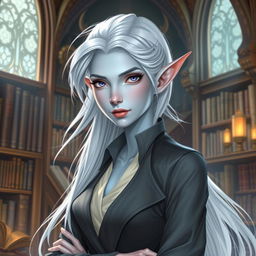 In the style of DnD character art, Maeve is a striking female figure with smooth light blue skin, gracefully pointed elven ears, and flowing white hair that appears to float gently around her head