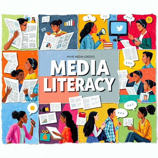 A vibrant collage art piece illustrating the importance of media literacy in people's lives