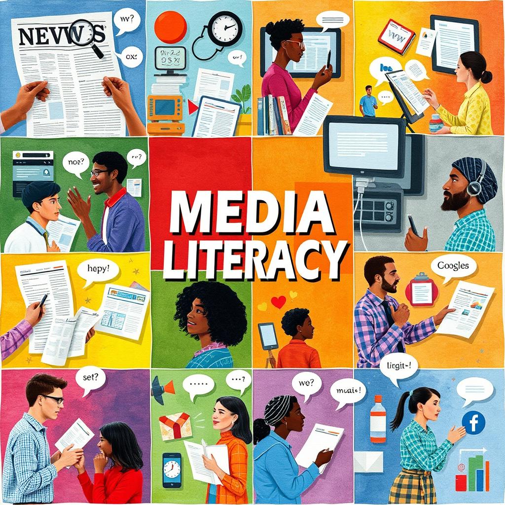 A vibrant collage art piece illustrating the importance of media literacy in people's lives