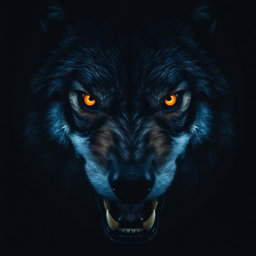 A close-up portrait of a dangerous, aggressive wolf's face, showcasing detailed features such as sharp teeth, fierce eyes glowing in the dark