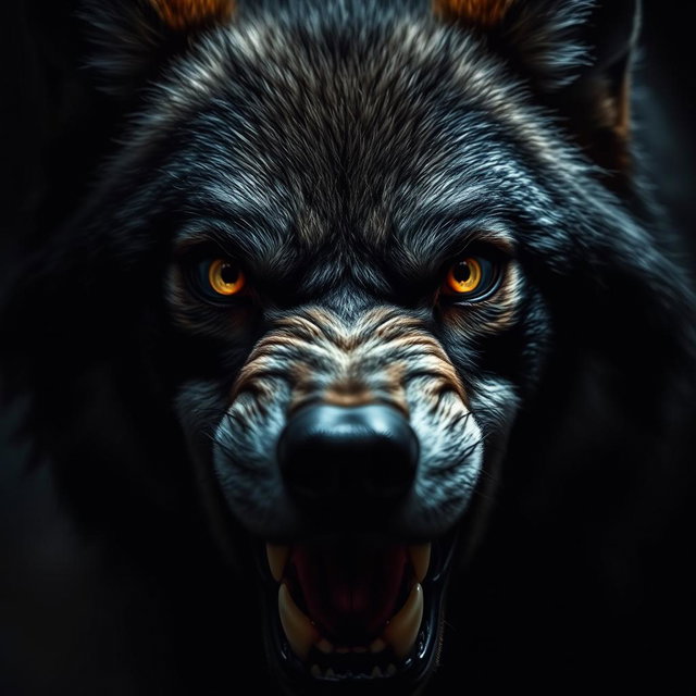A close-up portrait of a dangerous, aggressive wolf's face, showcasing detailed features such as sharp teeth, fierce eyes glowing in the dark