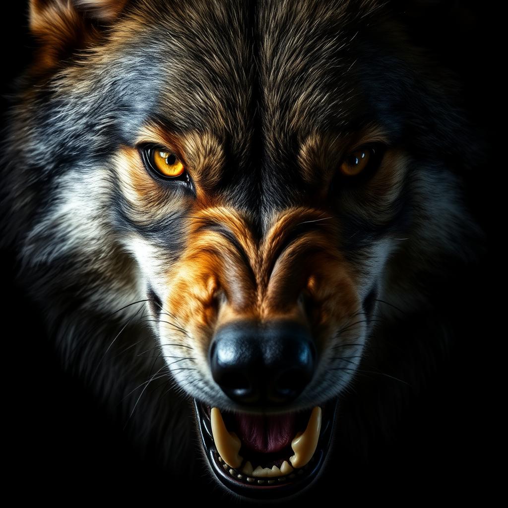 A close-up portrait of a dangerous, aggressive wolf's face, showcasing detailed features such as sharp teeth, fierce eyes glowing in the dark