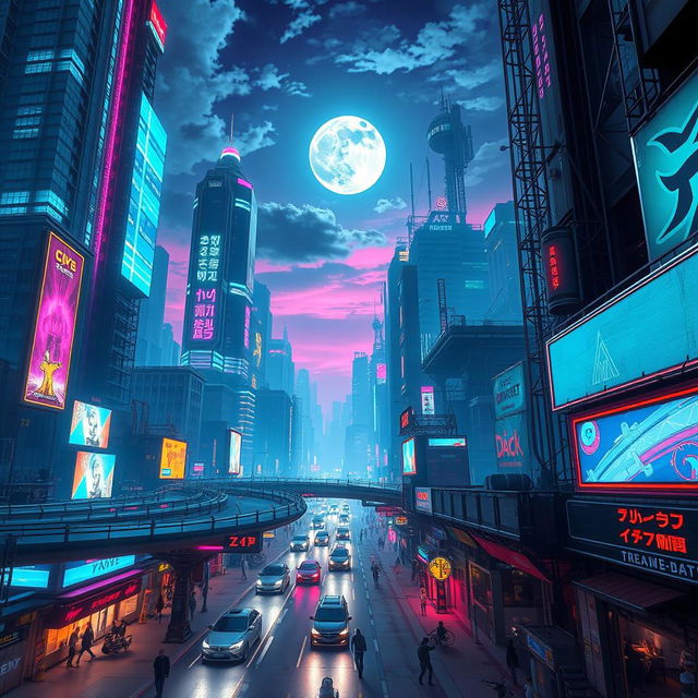 A vibrant cyberpunk cityscape at night, showcasing towering skyscrapers with neon lights, holographic advertisements, and a bustling street filled with futuristic vehicles and pedestrians