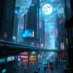 A vibrant cyberpunk cityscape at night, showcasing towering skyscrapers with neon lights, holographic advertisements, and a bustling street filled with futuristic vehicles and pedestrians