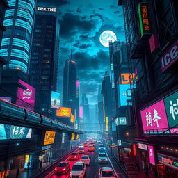 A vibrant cyberpunk cityscape at night, showcasing towering skyscrapers with neon lights, holographic advertisements, and a bustling street filled with futuristic vehicles and pedestrians