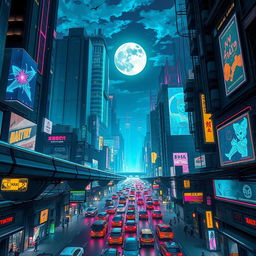A vibrant cyberpunk cityscape at night, showcasing towering skyscrapers with neon lights, holographic advertisements, and a bustling street filled with futuristic vehicles and pedestrians