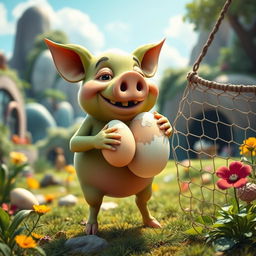 A whimsical green pig with a human-like body, showcasing a quirky, cartoonish style, triumphantly clutching a large egg while standing next to a net from which it has stolen the egg