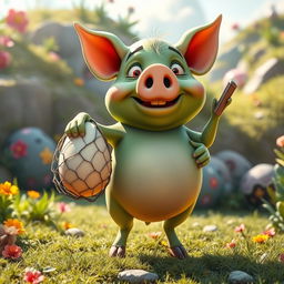A whimsical green pig with a human-like body, showcasing a quirky, cartoonish style, triumphantly clutching a large egg while standing next to a net from which it has stolen the egg