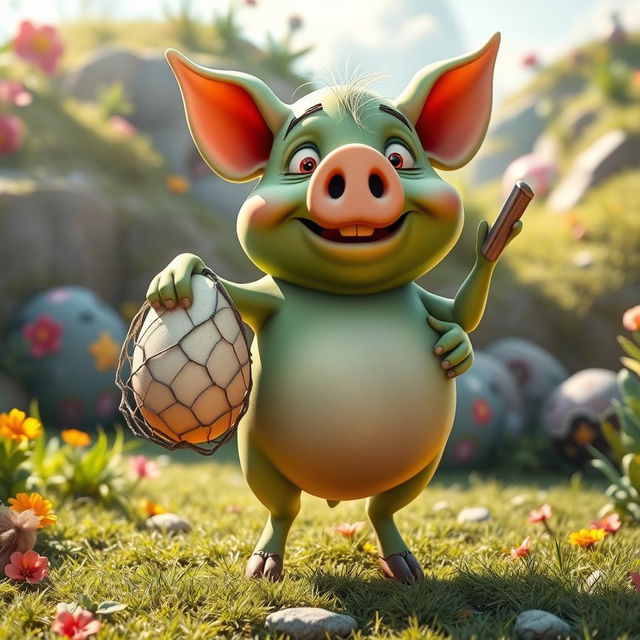 A whimsical green pig with a human-like body, showcasing a quirky, cartoonish style, triumphantly clutching a large egg while standing next to a net from which it has stolen the egg