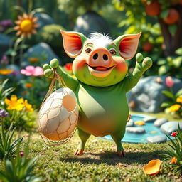 A whimsical green pig with a human-like body, showcasing a quirky, cartoonish style, triumphantly clutching a large egg while standing next to a net from which it has stolen the egg
