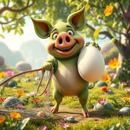 A whimsical green pig with a human-like body, showcasing a quirky, cartoonish style, triumphantly clutching a large egg while standing next to a net from which it has stolen the egg