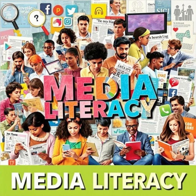 A vibrant collage art piece that highlights the importance of media literacy in people's lives